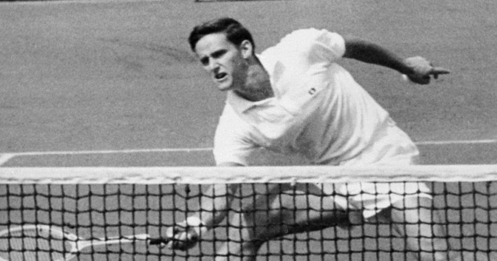 Roy Emmerson "Emmo" Playing Tennis, black and white photo